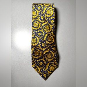 Versace Blue and Gold Baroque Scroll Silk Tie